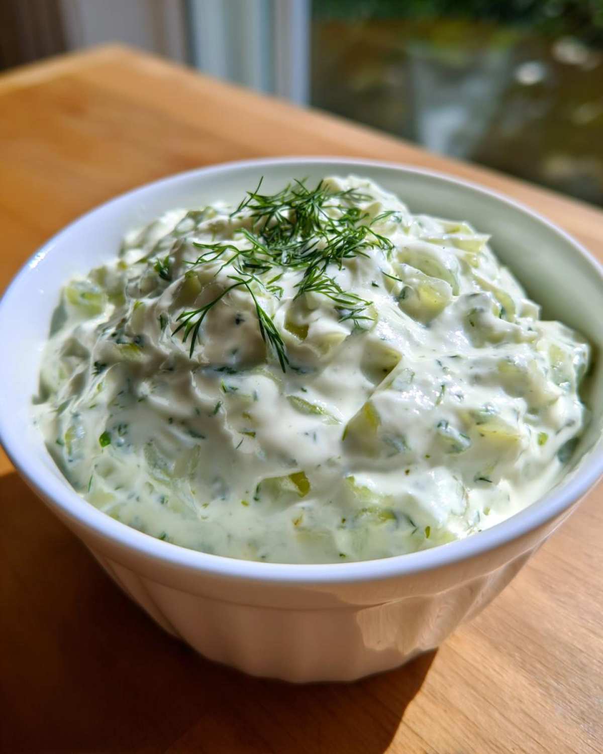 Close-up of creamy dill pickle dip in a white bowl, garnished with fresh dill sprigs.