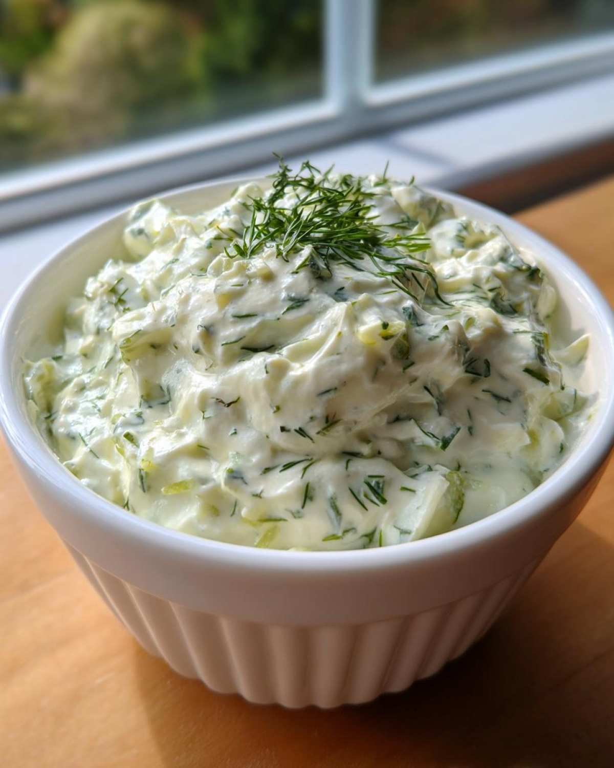 A close-up of creamy dill pickle dip topped with fresh dill, served in a white bowl near a window.