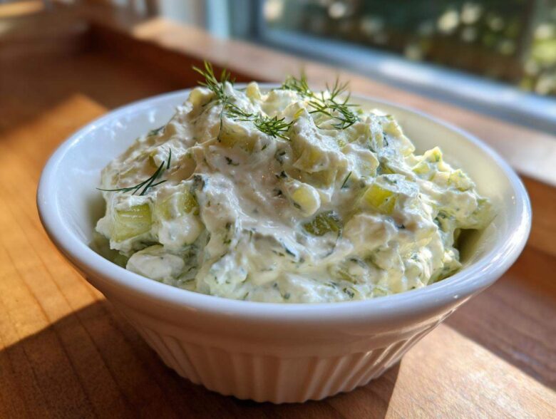 Close-up of creamy dill pickle dip, featuring chopped pickles and fresh dill, served in a white bowl.
