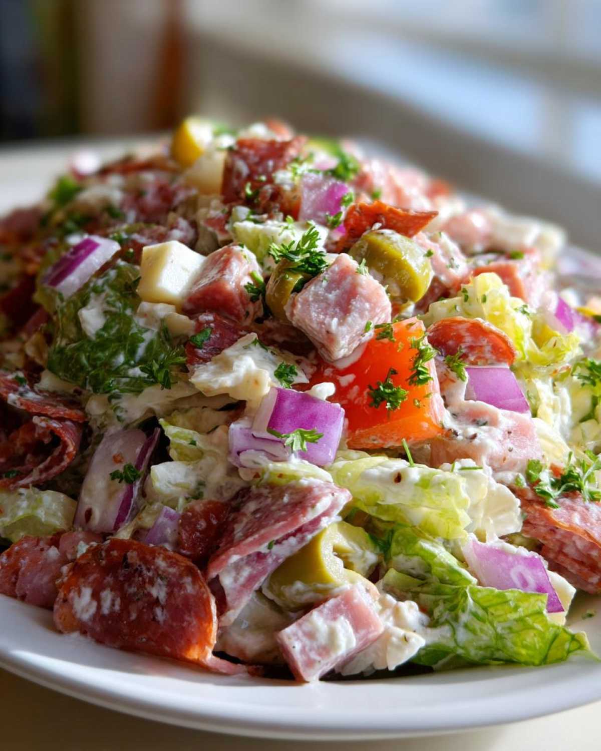A close-up of a hearty grinder salad featuring chopped lettuce, salami, ham cubes, cheese, red onion, and olives tossed in a creamy dressing.