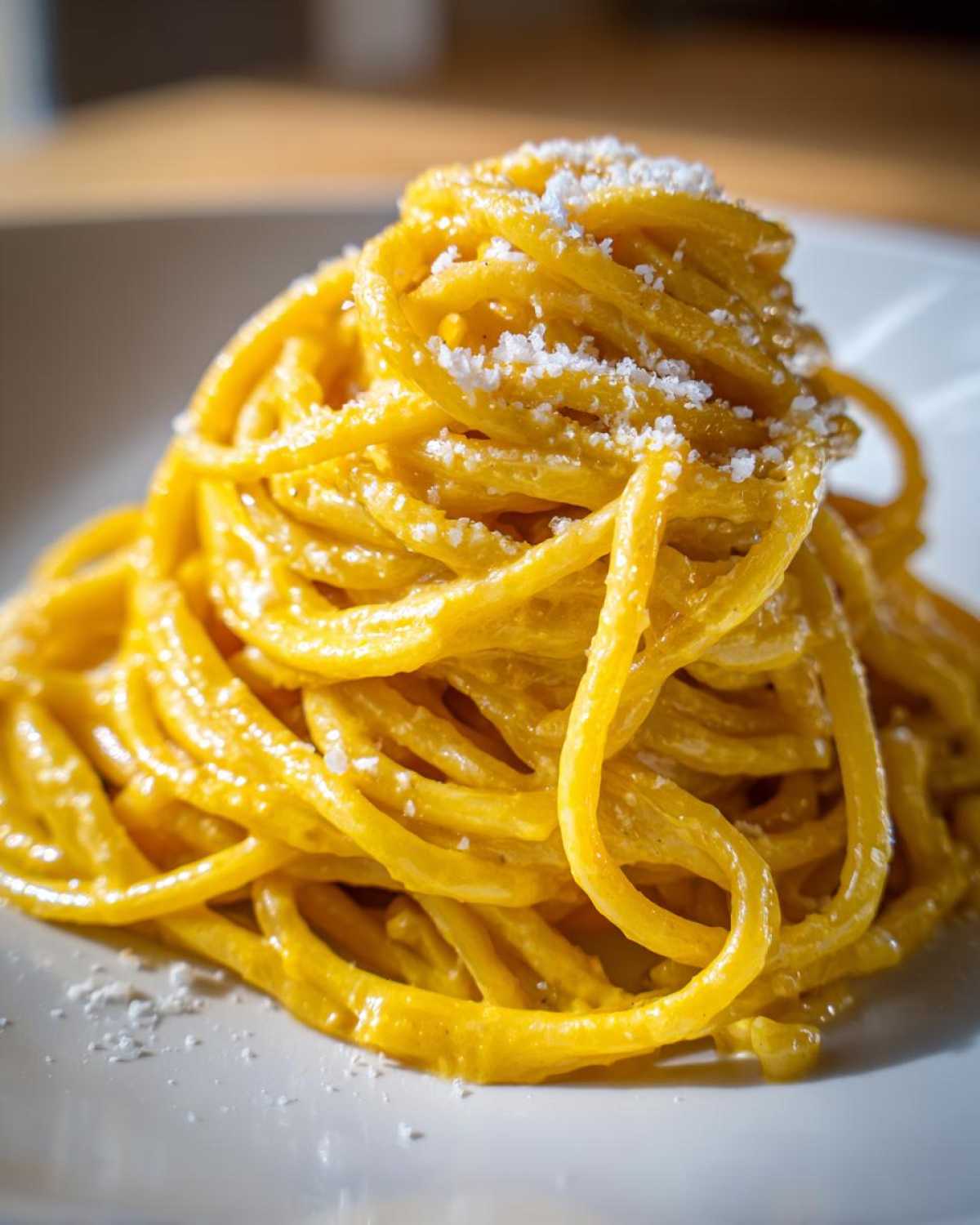 A close-up shot of a perfectly twirled mound of creamy lemon pasta topped with grated Parmesan cheese.