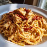 Close-up of creamy marry me chicken pasta tossed with sun-dried tomatoes in a white bowl.