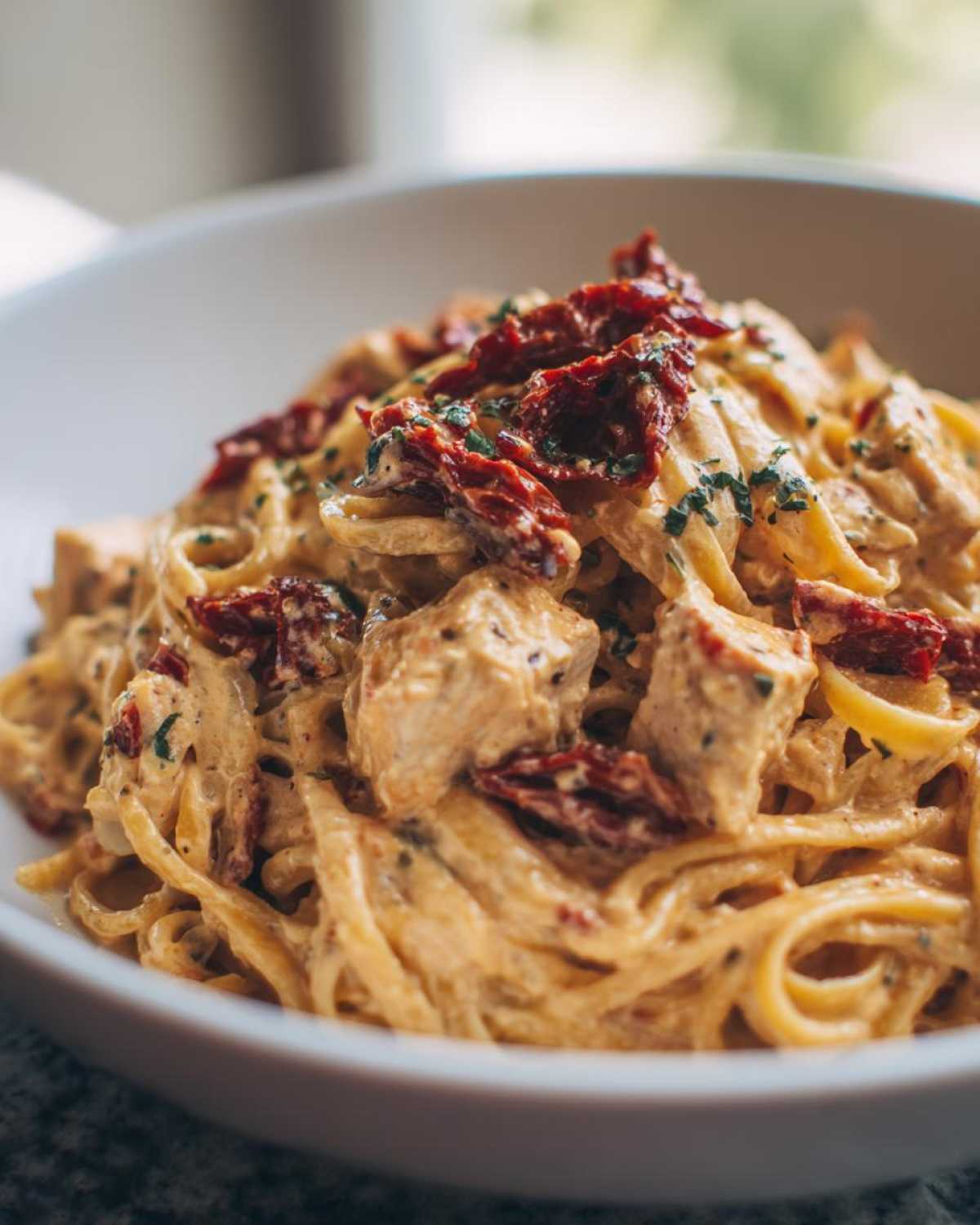 Close-up of creamy marry me chicken pasta with sun-dried tomatoes and herbs in a white bowl.