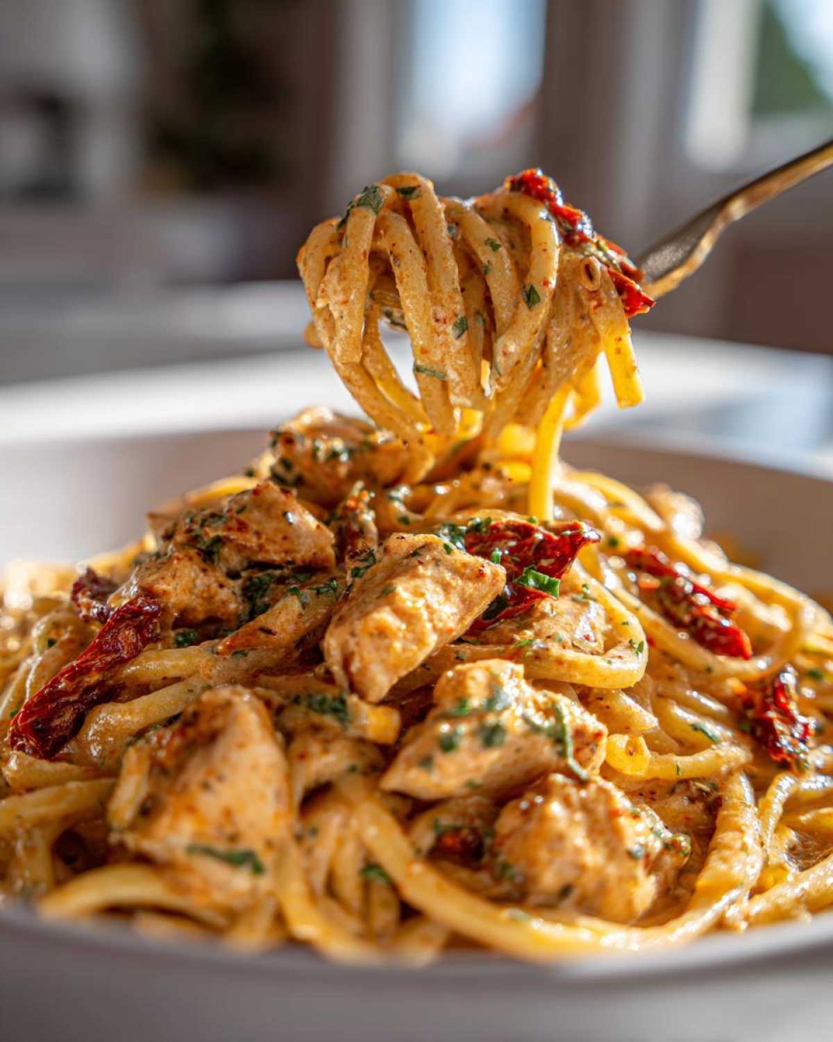 A fork lifting a generous twirl of creamy marry me chicken pasta, showing sun-dried tomatoes and chunks of seasoned chicken.