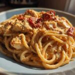 Close-up of creamy marry me chicken pasta topped with sun-dried tomatoes on a light blue plate.