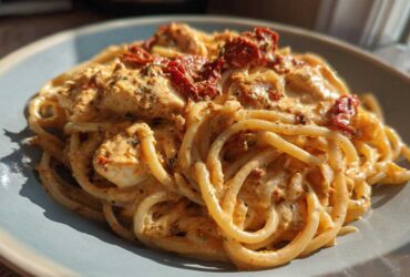 Close-up of creamy marry me chicken pasta topped with sun-dried tomatoes on a light blue plate.
