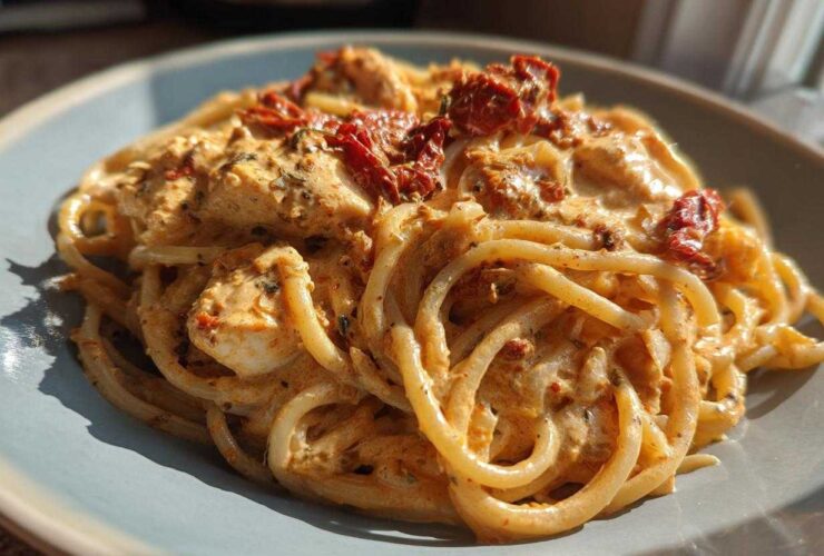 Close-up of creamy marry me chicken pasta topped with sun-dried tomatoes on a light blue plate.