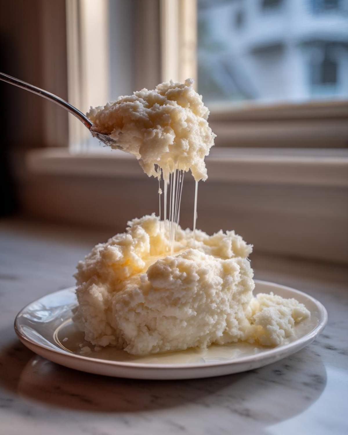 A spoonful of fluffy, creamy mashed potatoes dripping strands of melted butter onto a mound on a white plate.