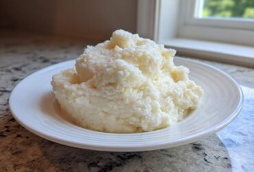 A generous serving of fluffy, creamy mashed potatoes mounded on a white plate.