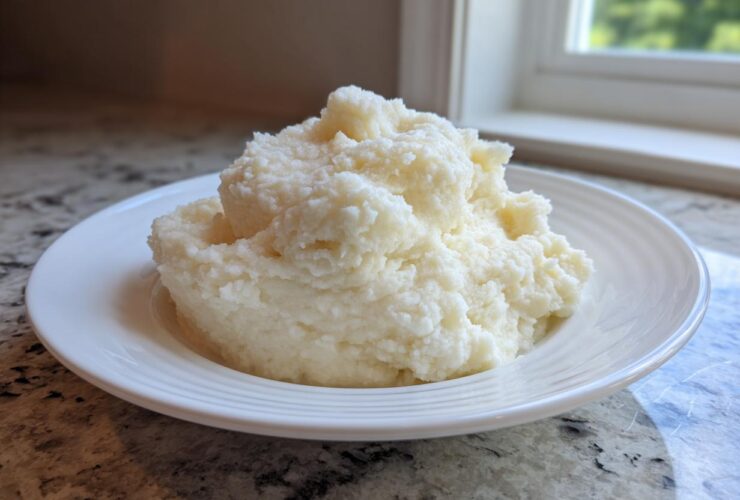 A generous serving of fluffy, creamy mashed potatoes mounded on a white plate.