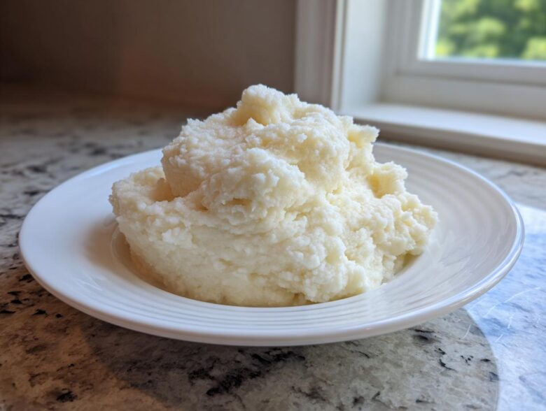 A generous serving of fluffy, creamy mashed potatoes mounded on a white plate.