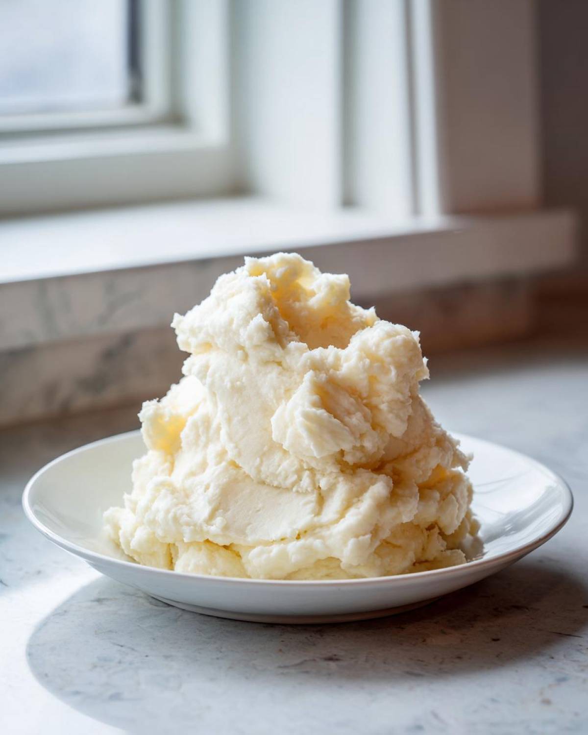 A generous serving of fluffy, creamy mashed potatoes piled high on a white plate near a bright window.
