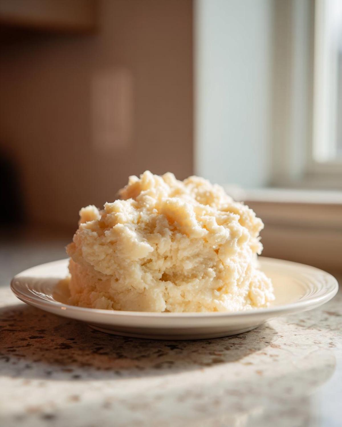 A serving of fluffy, creamy mashed potatoes piled high on a small white plate, highlighted by natural light.