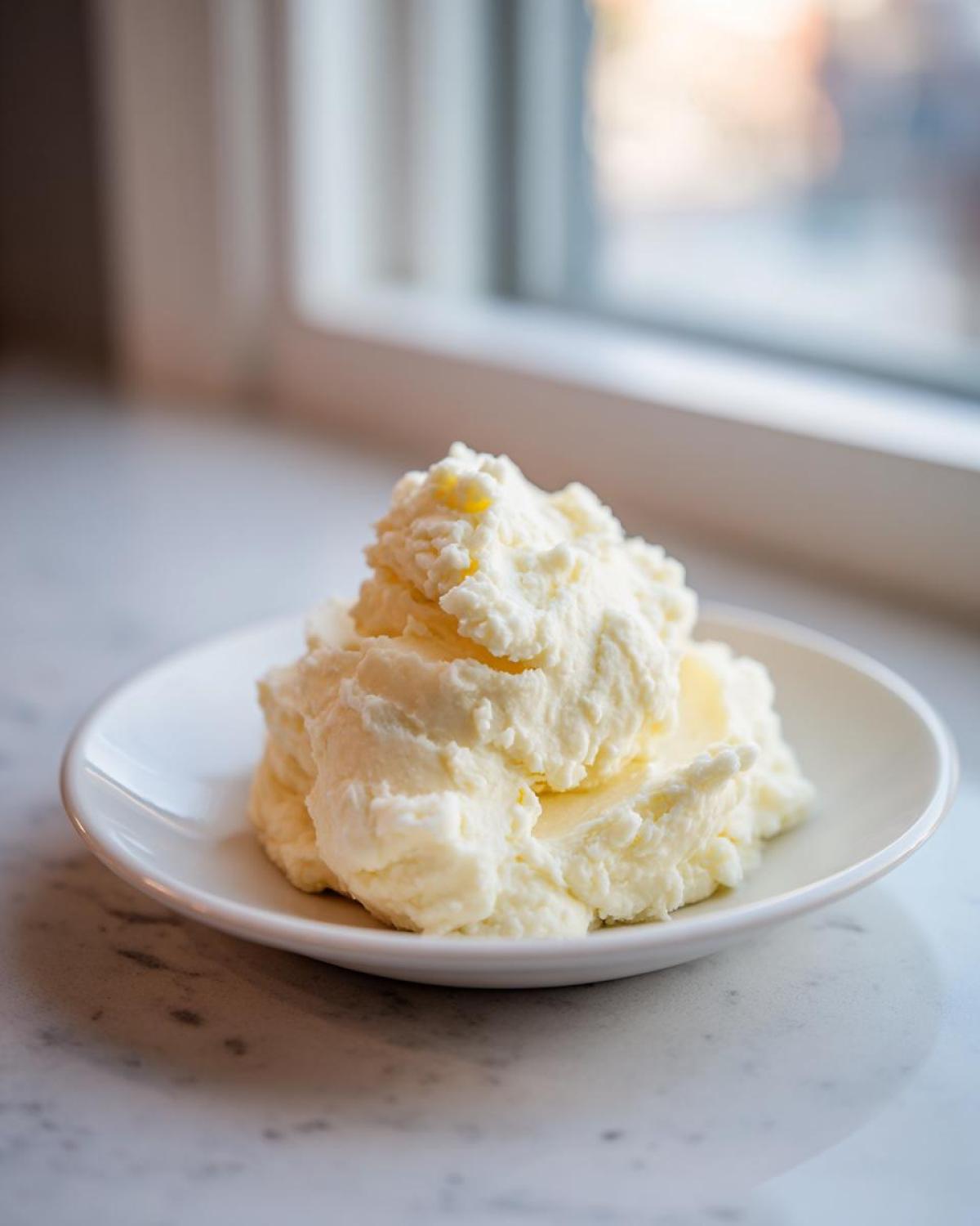 A dollop of rich, fluffy creamy mashed potatoes served on a small white dish near a window.