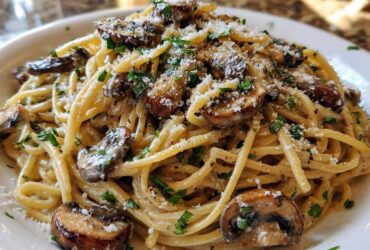 A close-up shot of creamy mushroom pasta tossed in a white sauce, topped with sautéed mushrooms, fresh parsley, and grated Parmesan cheese.
