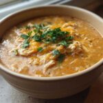 Close-up of a creamy bowl of amazing 1-pot chicken chili topped with melted cheddar cheese and fresh cilantro.