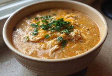 Close-up of a creamy bowl of amazing 1-pot chicken chili topped with melted cheddar cheese and fresh cilantro.