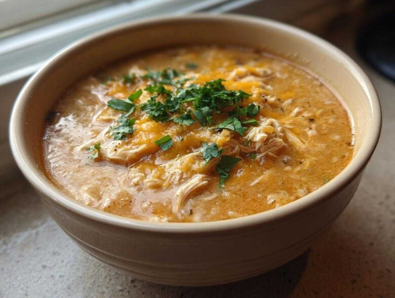 Close-up of a creamy bowl of amazing 1-pot chicken chili topped with melted cheddar cheese and fresh cilantro.