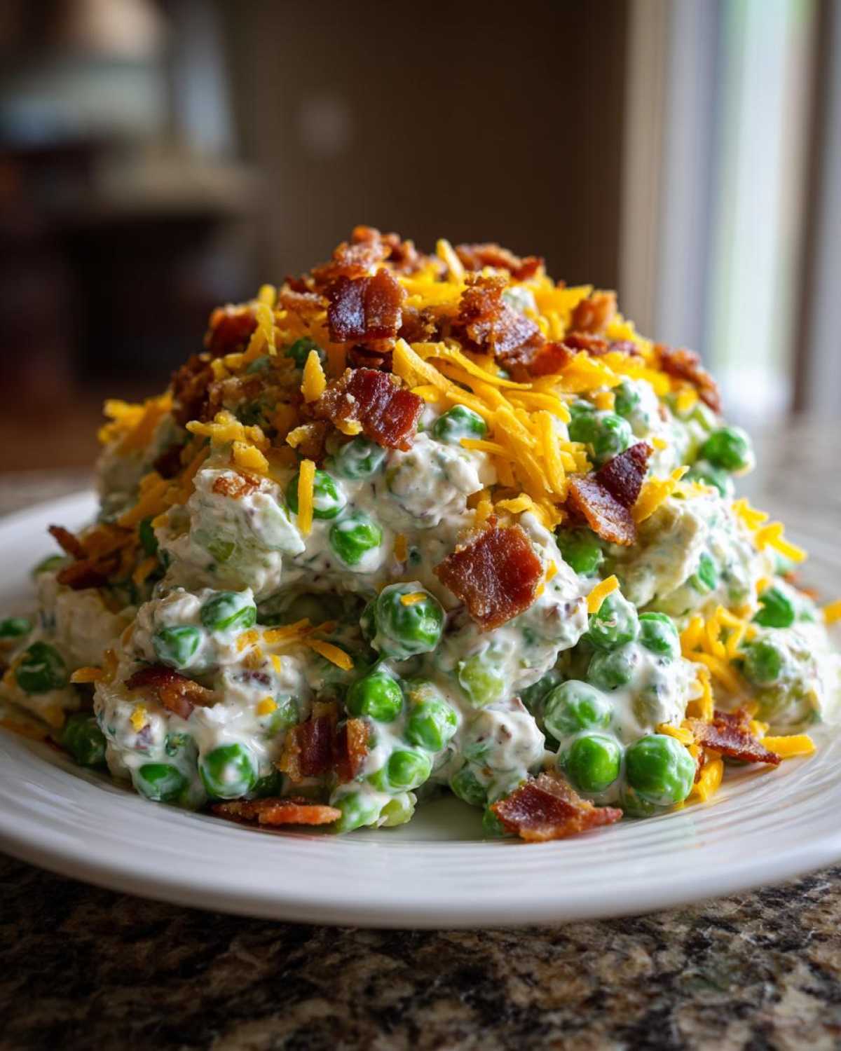 A mound of creamy pea salad mixed with a white dressing, topped generously with shredded cheddar cheese and crispy bacon pieces.