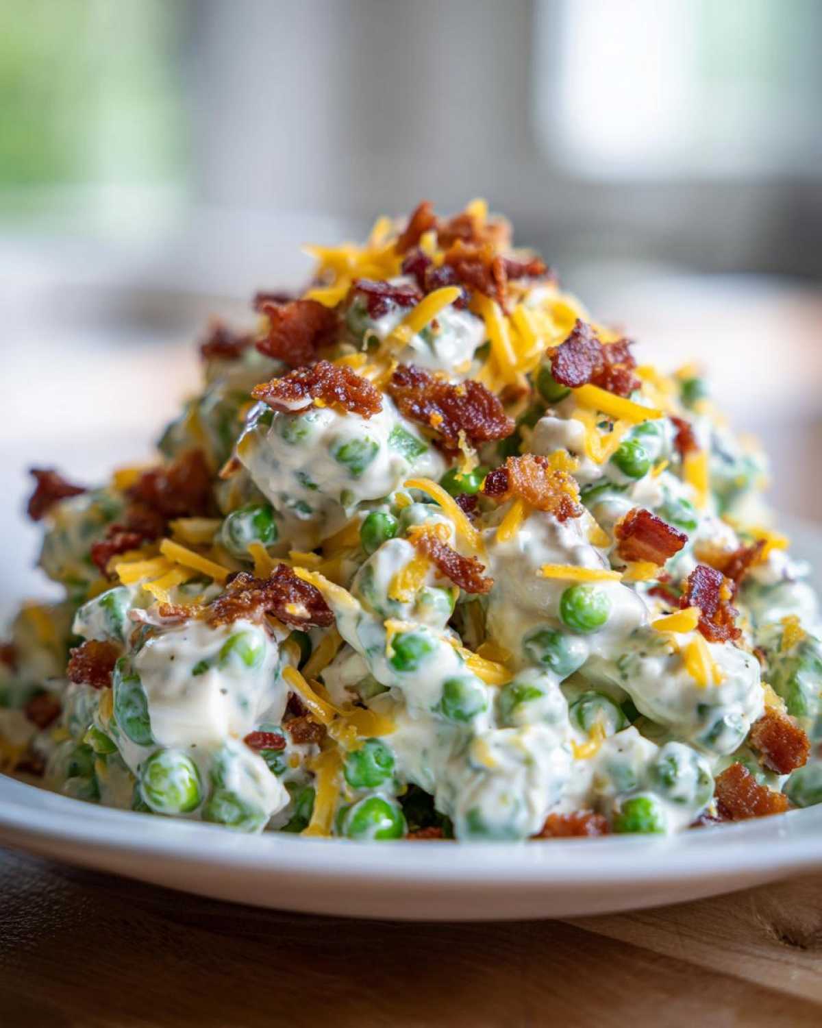 A heaping mound of creamy pea salad topped generously with shredded cheddar cheese and crispy bacon bits.