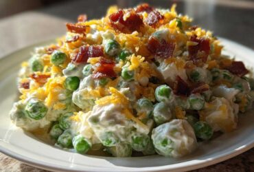 A close-up of creamy pea salad mixed with a white dressing, topped generously with crumbled bacon and shredded cheddar cheese.