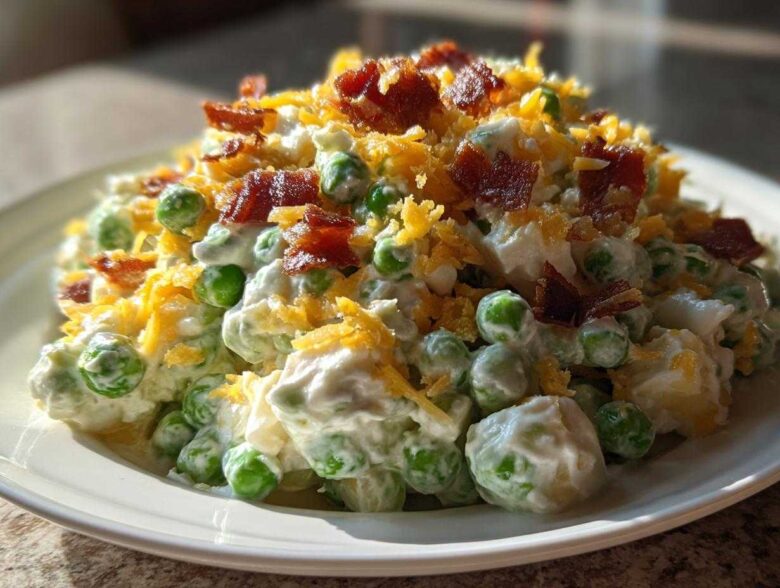 A close-up of creamy pea salad mixed with a white dressing, topped generously with crumbled bacon and shredded cheddar cheese.