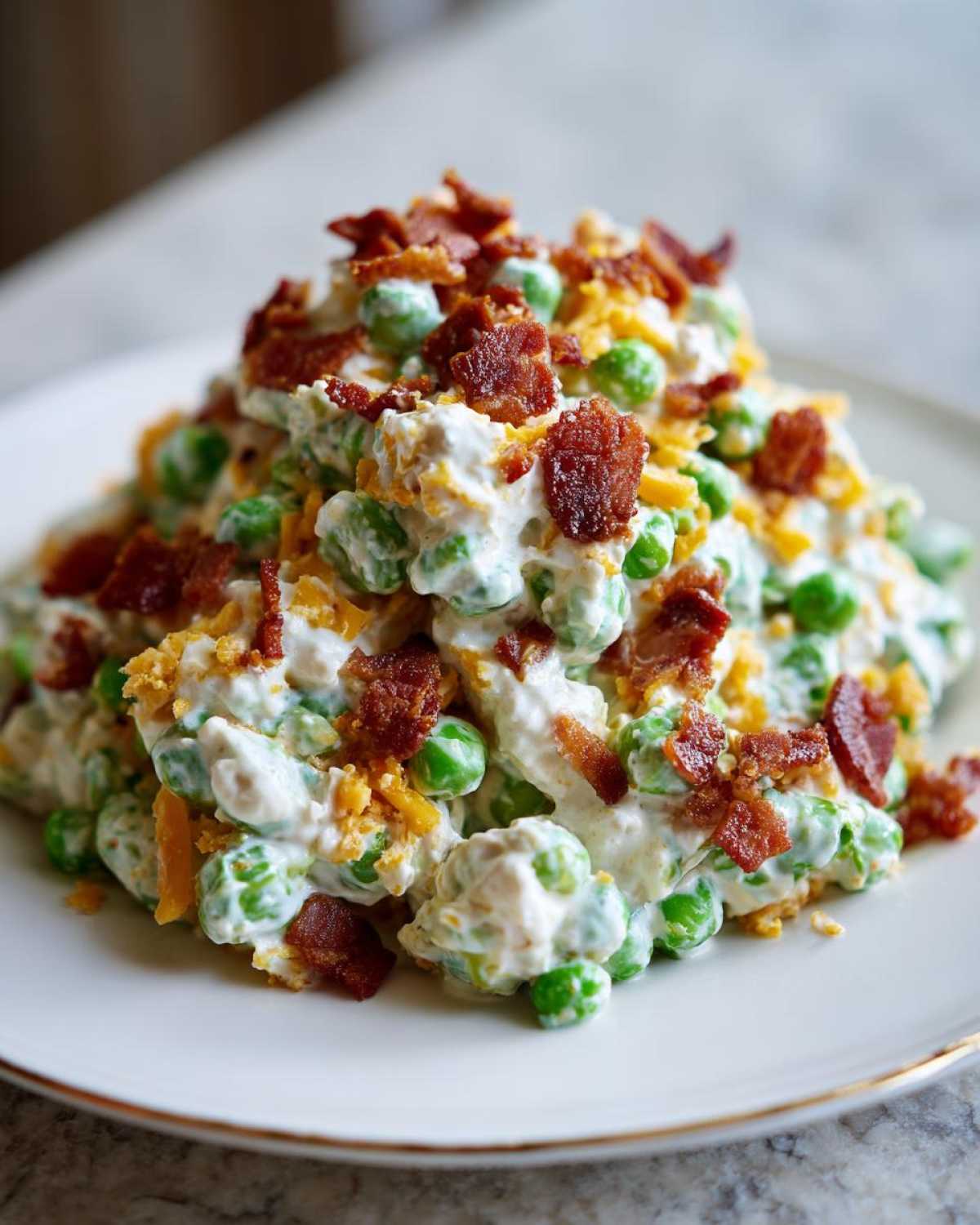 A mound of creamy pea salad mixed with cheese and topped generously with crispy bacon pieces.
