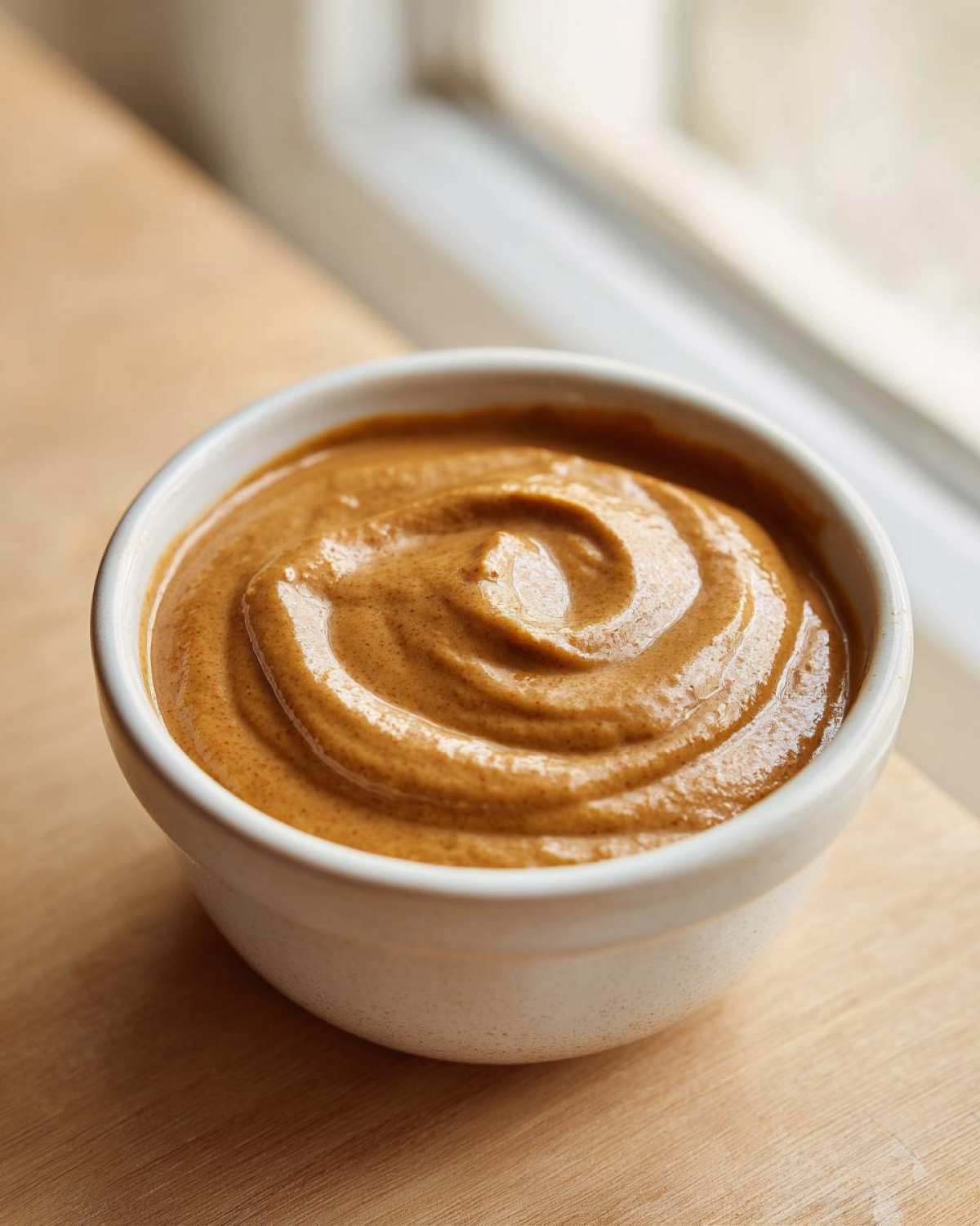 Close-up of thick, creamy peanut sauce swirled in a small white bowl, ready to serve.