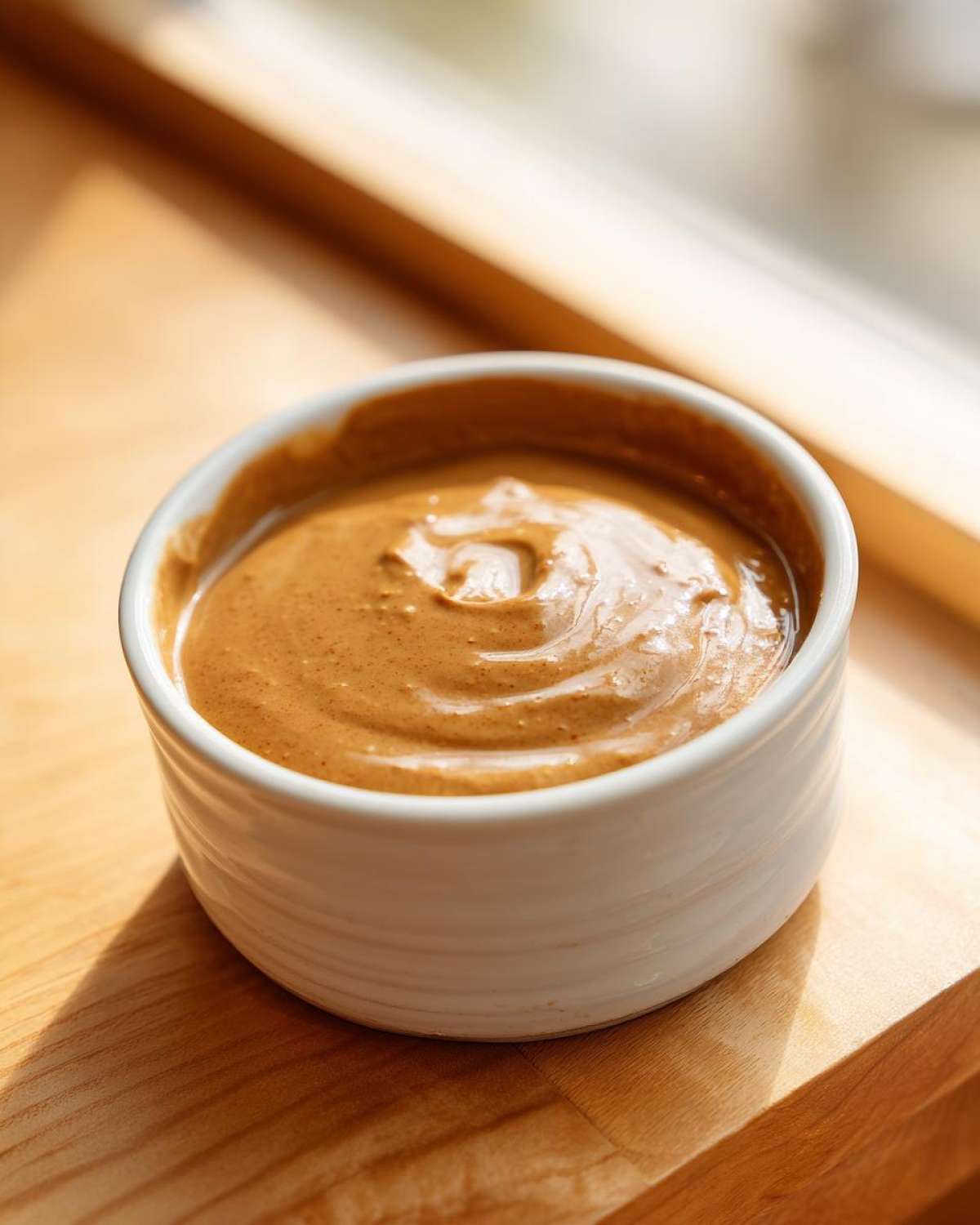 A close-up of thick, creamy peanut sauce swirled in a small white bowl, sitting on a wooden surface.