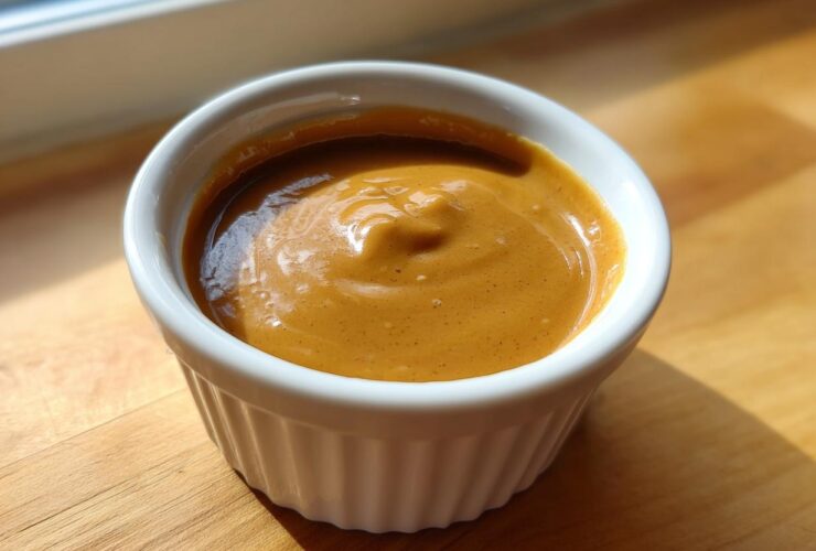 A close-up of thick, creamy peanut sauce served in a small, white, fluted ramekin on a wooden surface.