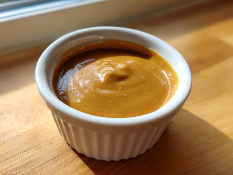 A close-up of thick, creamy peanut sauce served in a small, white, fluted ramekin on a wooden surface.