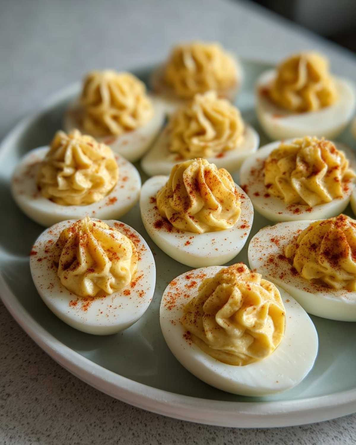 A close-up of perfectly piped deviled eggs garnished with paprika, ready to serve.