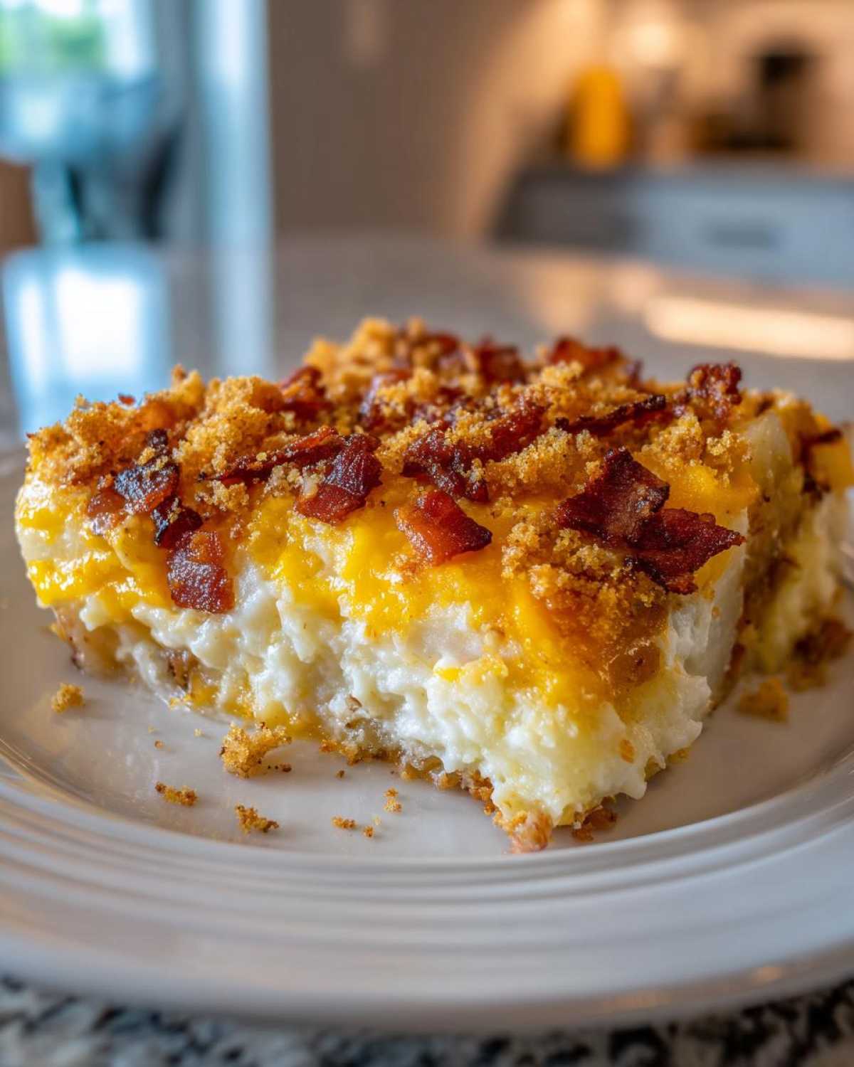 A close-up of a creamy slice of potato casserole topped with melted cheddar cheese, crispy bacon bits, and crunchy breadcrumbs.