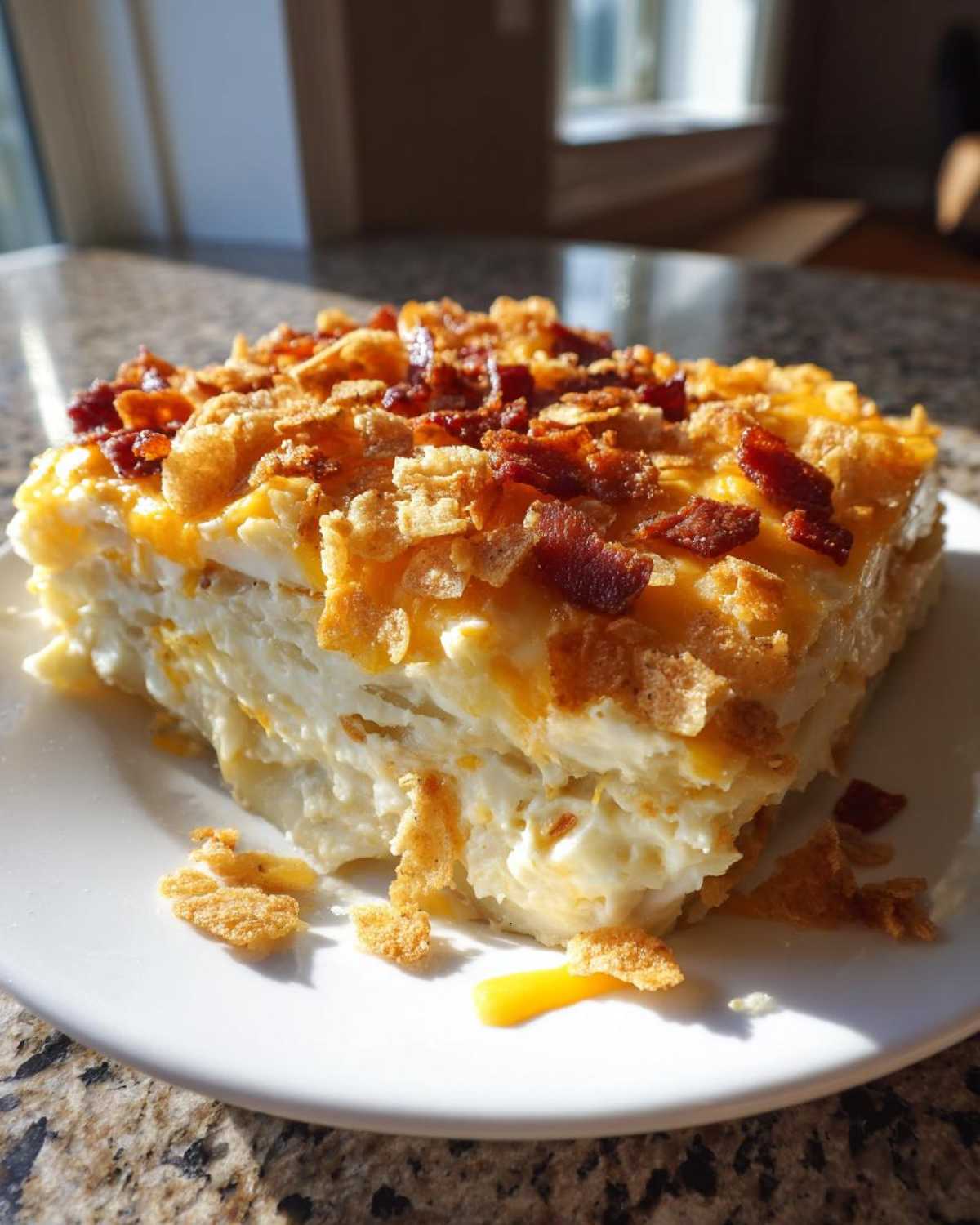 A thick slice of creamy potato casserole topped with melted cheddar cheese, crispy bacon bits, and crushed cornflakes.