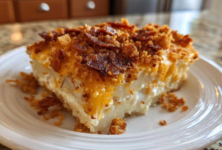 A generous slice of creamy potato casserole topped with melted cheddar cheese and crispy bacon pieces.