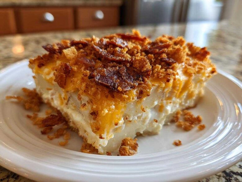 A generous slice of creamy potato casserole topped with melted cheddar cheese and crispy bacon pieces.