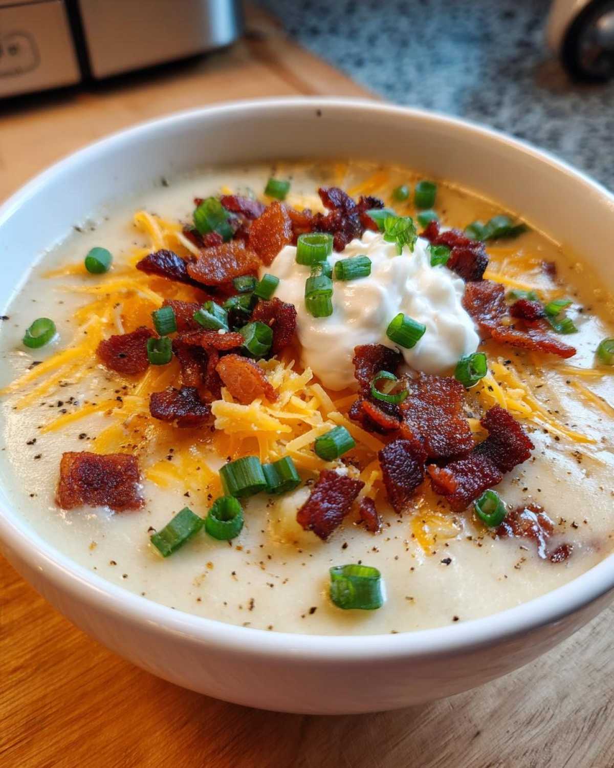 Close-up of a creamy potato soup recipe topped with bacon, cheddar cheese, sour cream, and chives.