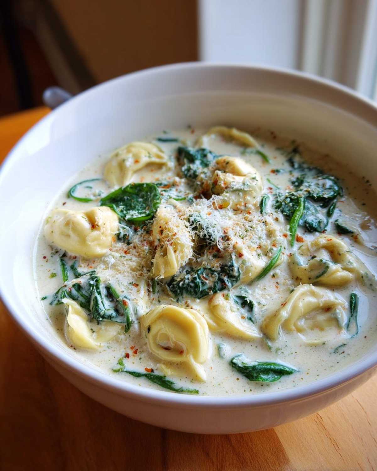 Close-up of a white bowl filled with creamy tortellini soup, featuring spinach and topped with grated Parmesan cheese.