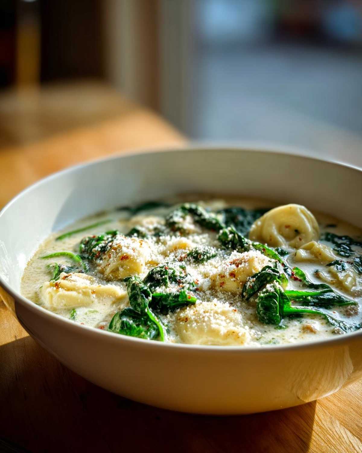 A close-up of a bowl of creamy tortellini soup filled with spinach and topped generously with grated Parmesan cheese.