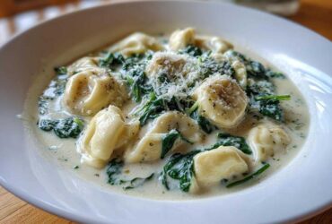 Close-up of a bowl of creamy tortellini soup featuring spinach and topped with grated Parmesan cheese.