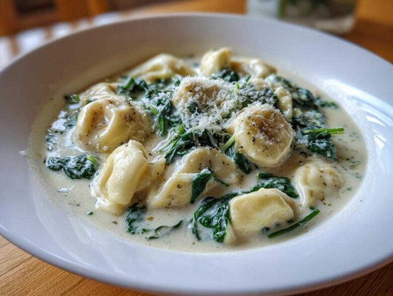 Close-up of a bowl of creamy tortellini soup featuring spinach and topped with grated Parmesan cheese.
