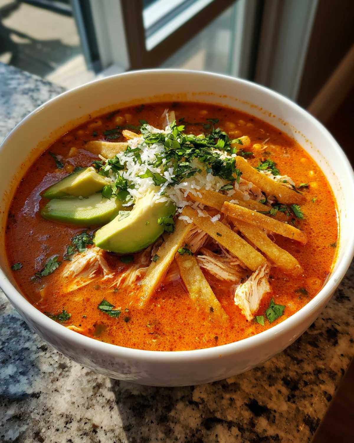 Close-up of a bowl of creamy tortilla soup recipe topped with shredded chicken, avocado slices, cheese, and cilantro.