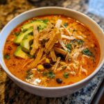 A close-up of a creamy tortilla soup recipe, topped with avocado slices, crispy tortilla strips, and cilantro.