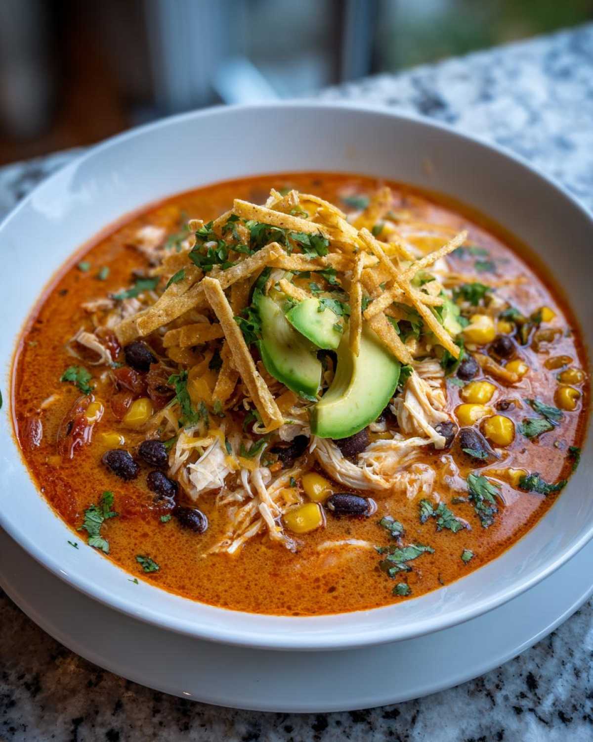 A close-up of a bowl of creamy tortilla soup recipe, featuring shredded chicken, black beans, corn, and topped with crispy tortilla strips and avocado slices.