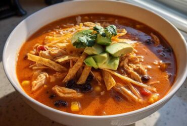 A close-up of a creamy tortilla soup recipe bowl filled with shredded chicken, black beans, corn, topped with tortilla strips, avocado, and cilantro.