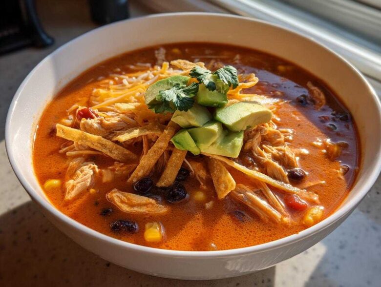 A close-up of a creamy tortilla soup recipe bowl filled with shredded chicken, black beans, corn, topped with tortilla strips, avocado, and cilantro.