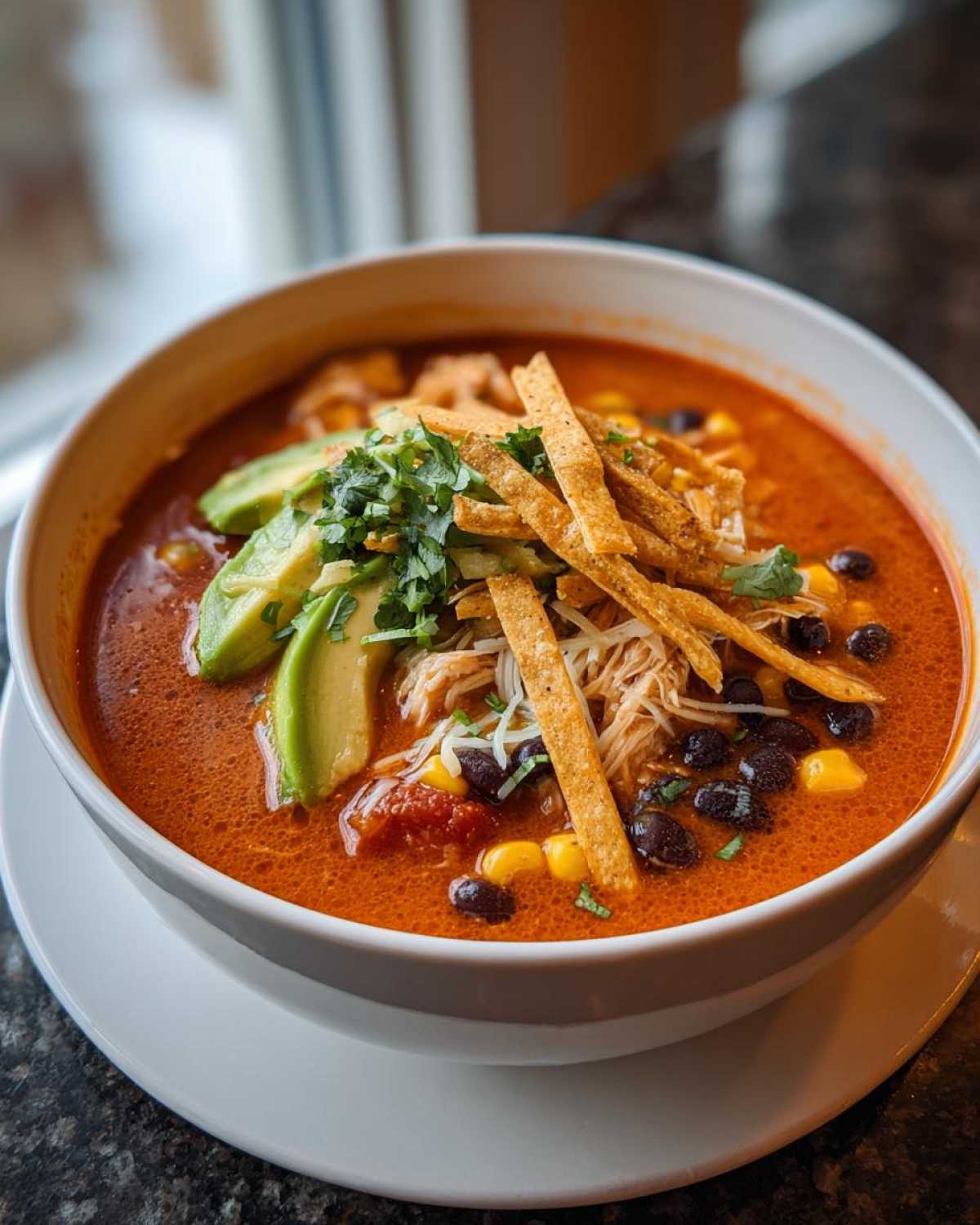 A vibrant bowl of creamy tortilla soup recipe, topped with shredded chicken, avocado slices, black beans, and crispy tortilla strips.