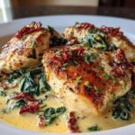 Close-up of seared chicken breasts covered in a creamy Tuscan sauce with spinach and sun-dried tomatoes, our amazing creamy tuscan chicken.