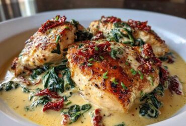 Close-up of seared chicken breasts covered in a creamy Tuscan sauce with spinach and sun-dried tomatoes, our amazing creamy tuscan chicken.