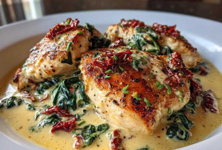 Close-up of seared chicken breasts covered in a creamy Tuscan sauce with spinach and sun-dried tomatoes, our amazing creamy tuscan chicken.